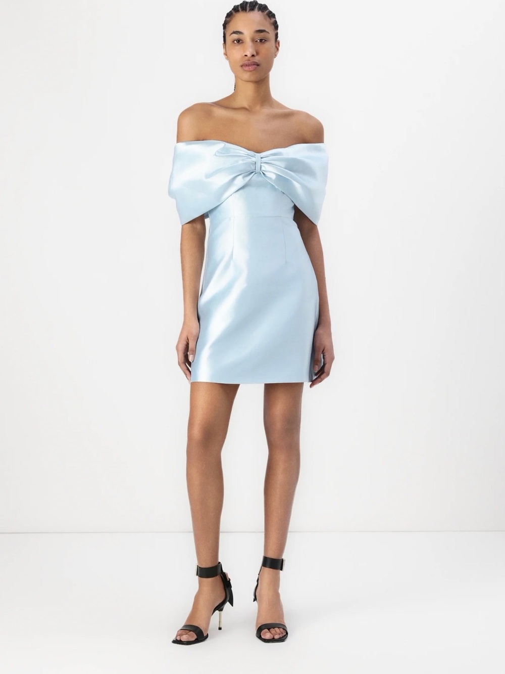 By Malina Off-Shoulder Bow Mini Dress in Pale Blue Satin NWT